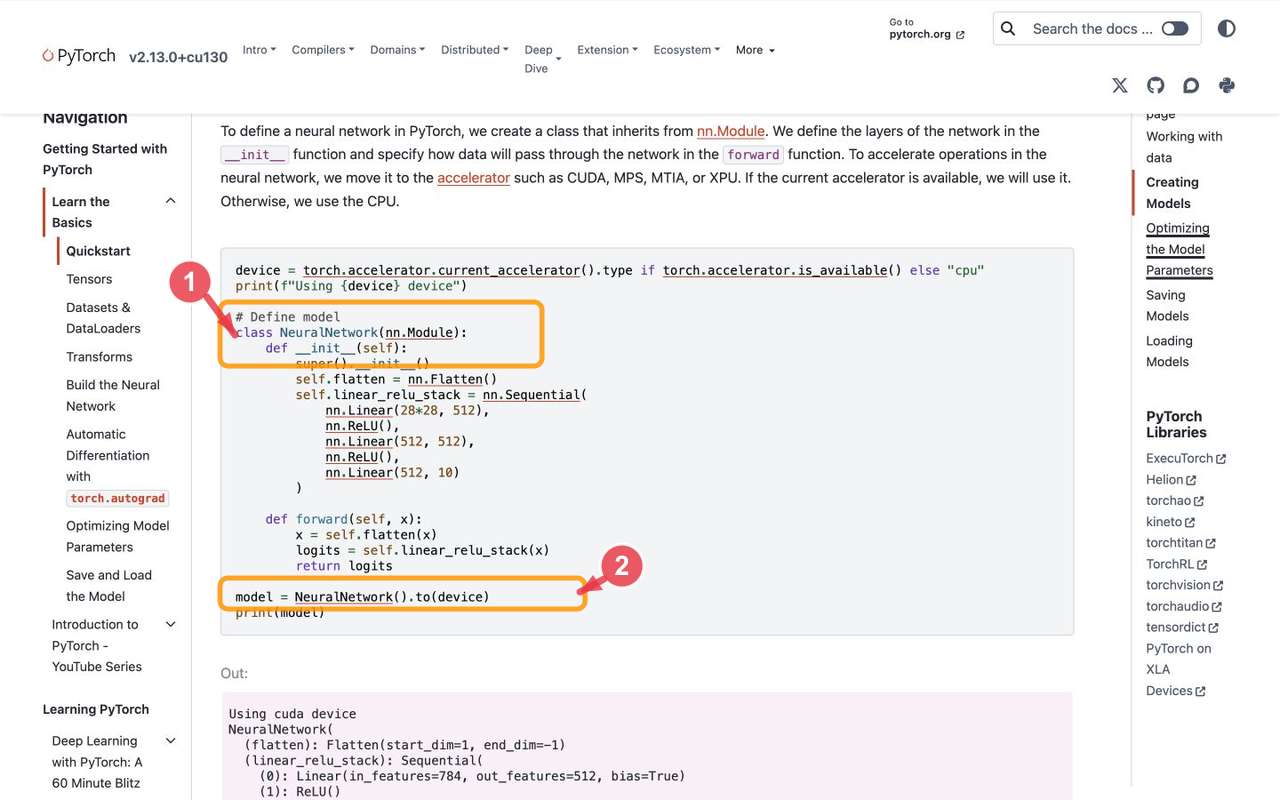 本机浏览器实拍的 PyTorch 官方快速入门页面,Python 代码定义 NeuralNetwork 并把模型交给可用计算设备