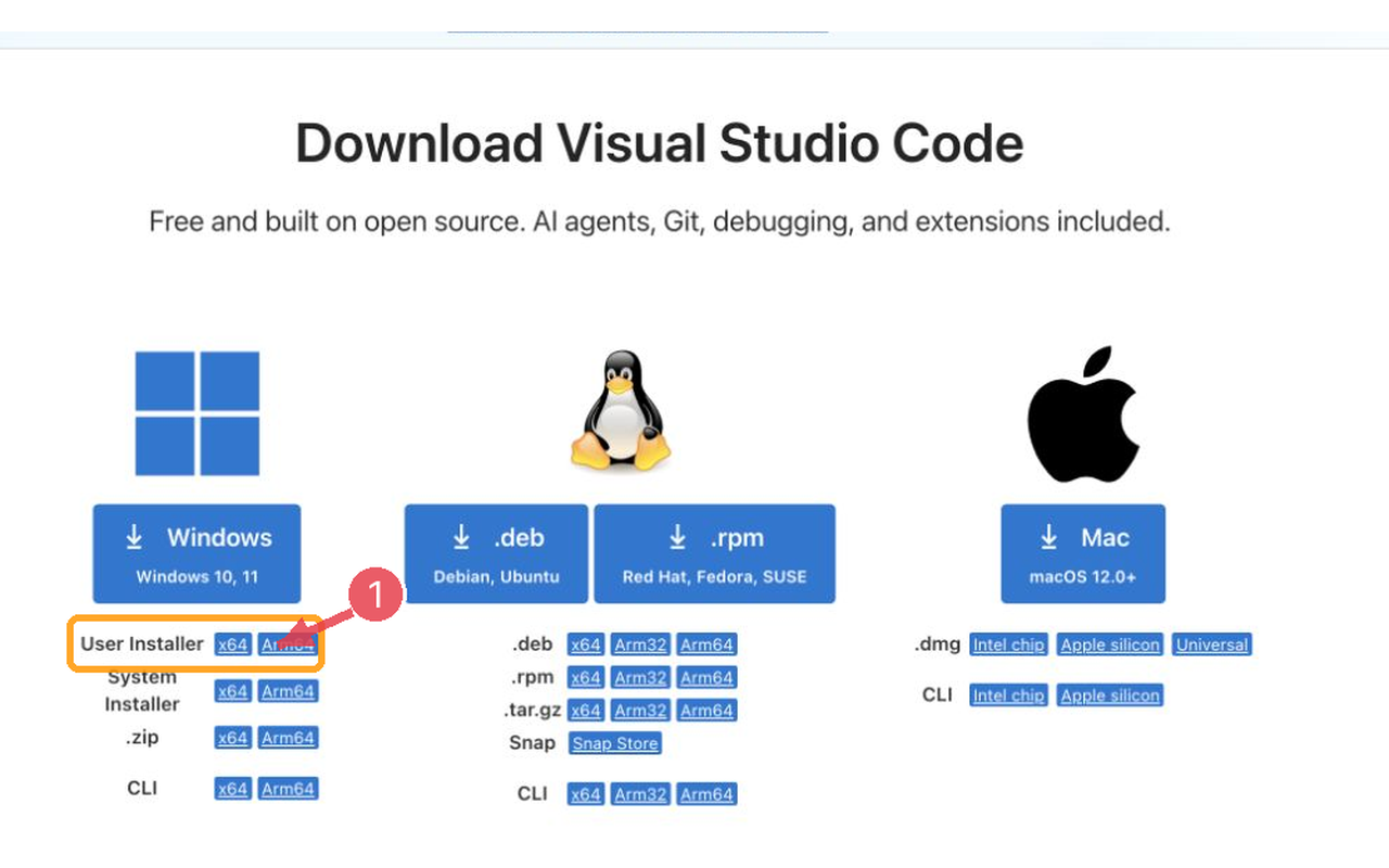 本机浏览器实拍的 VS Code 官方下载页,页面显示 Windows User Installer x64 下载项