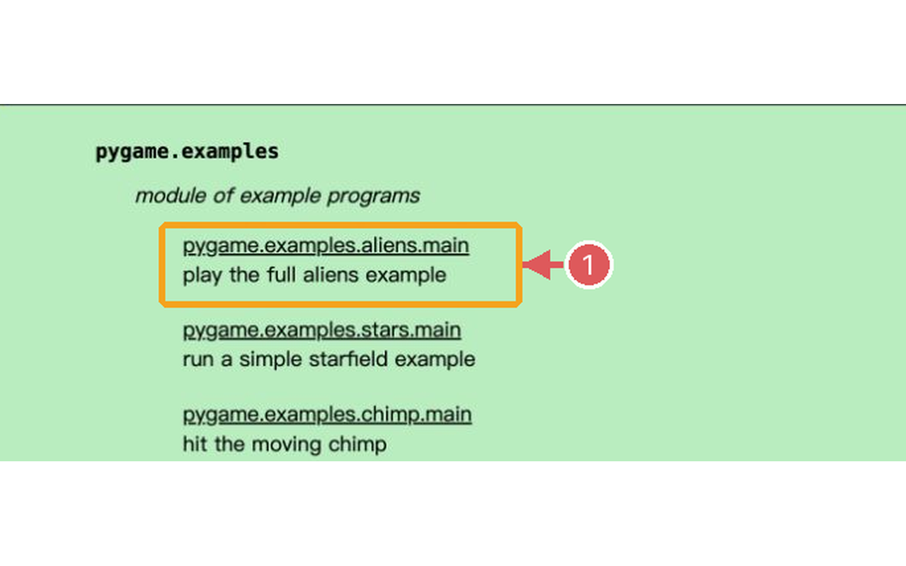 本机浏览器实拍的 Pygame 官方 examples 列表,第一项是 pygame.examples.aliens.main
