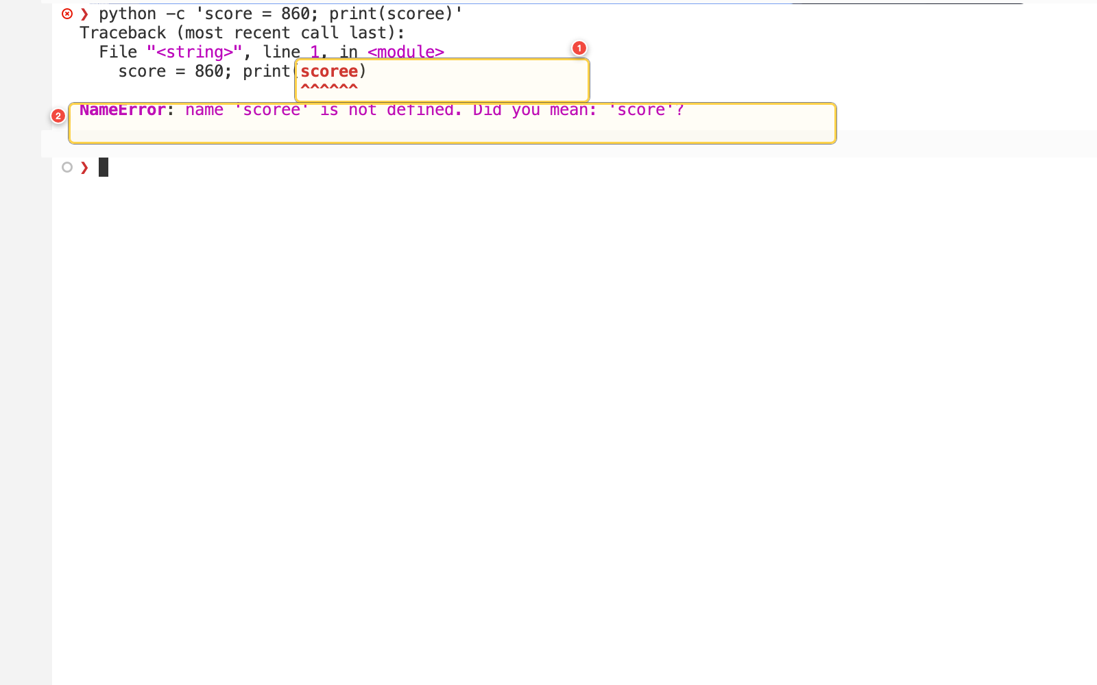 终端中显示变量名拼写错误导致的 NameError