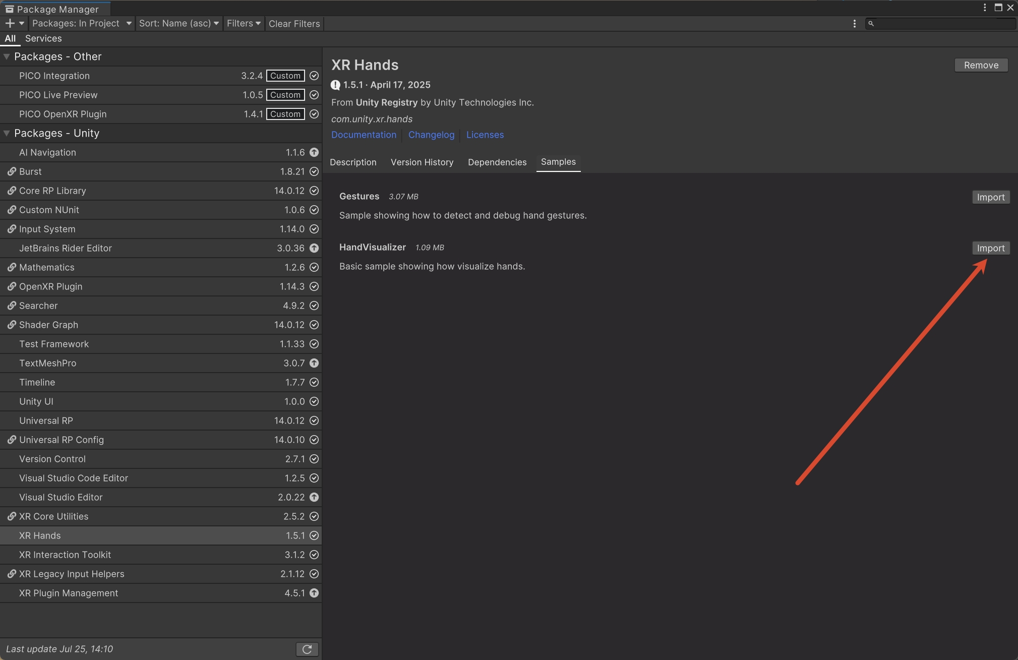 XR Hands 示例列表中的 HandVisualizer 导入按钮