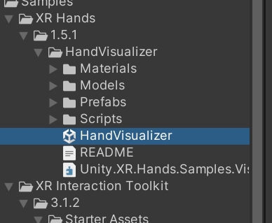 项目窗口中的 XR Hands 1.5.1 HandVisualizer 示例目录