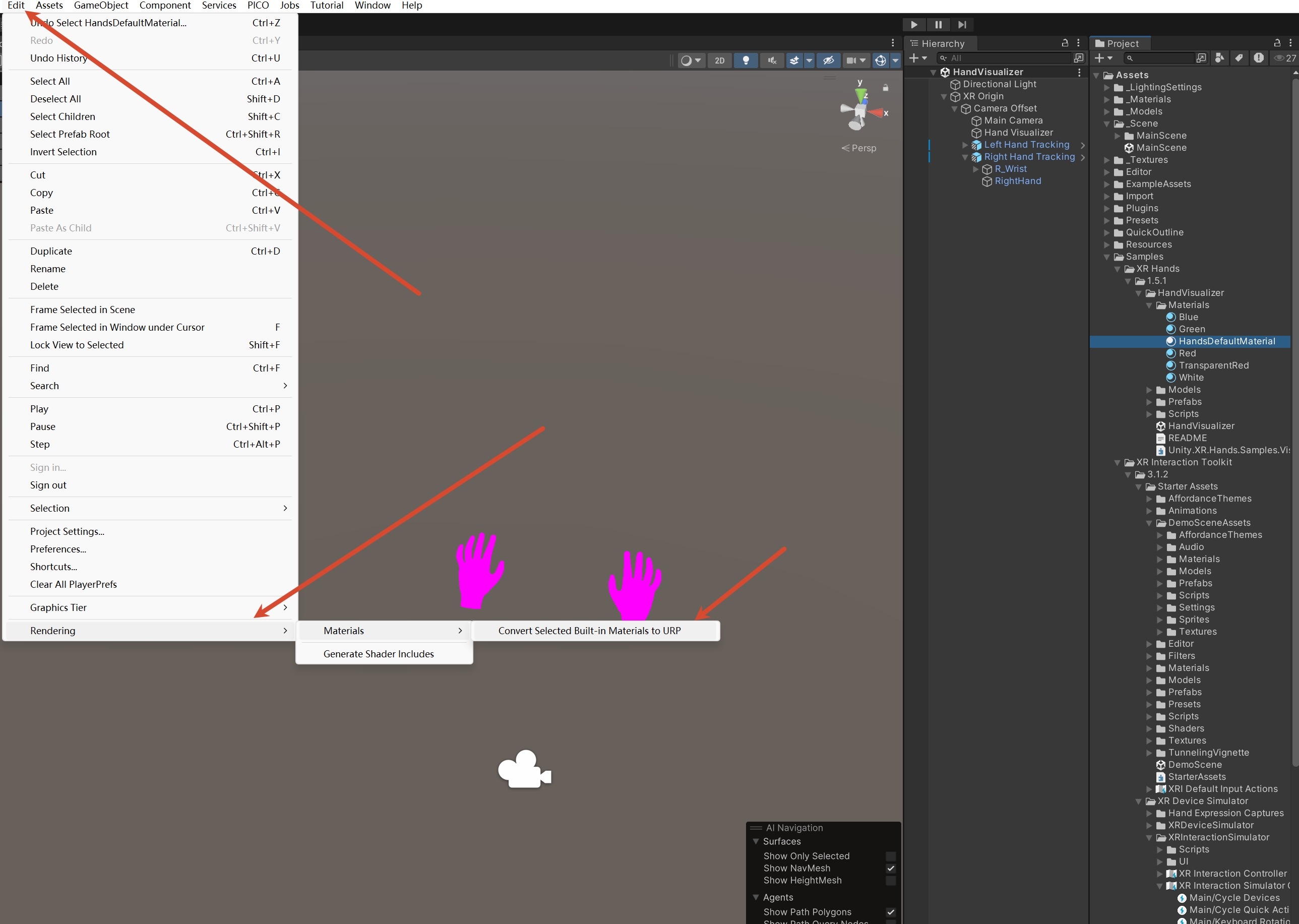Unity 中选中 HandsDefaultMaterial 并打开转换为 URP 材质的菜单