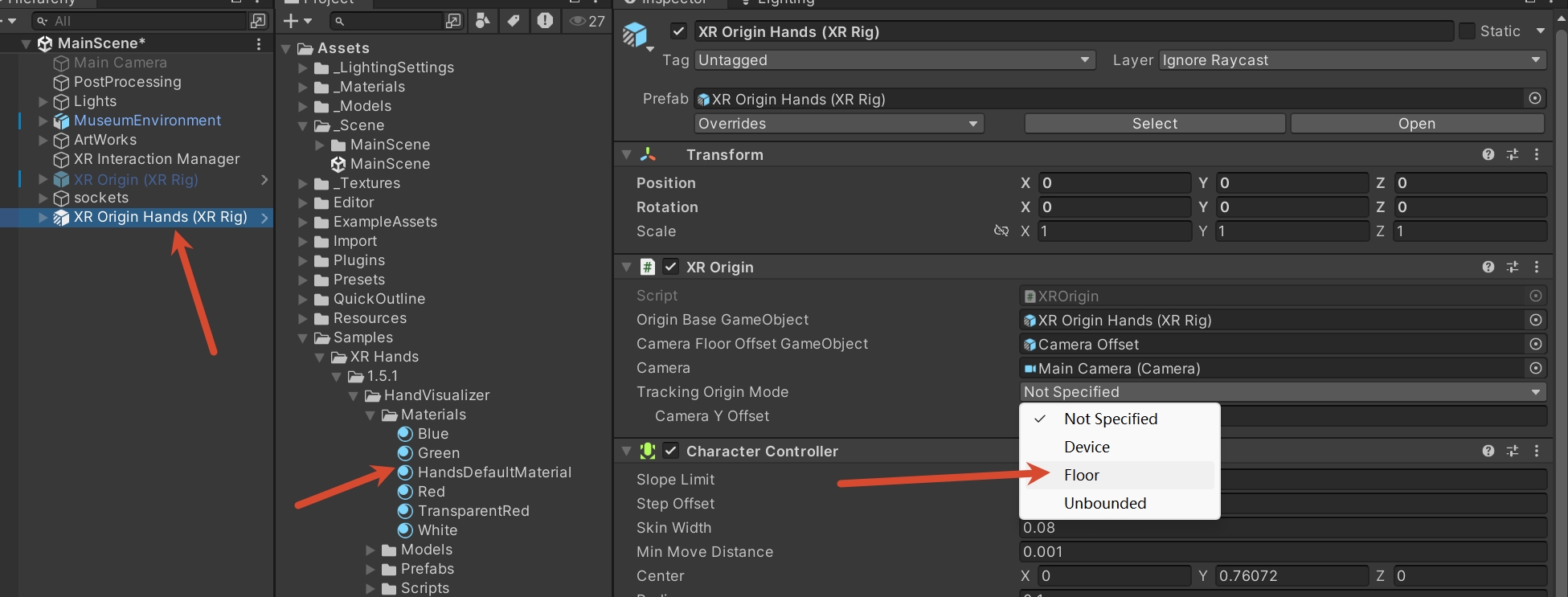 MainScene 中加入 XR Origin Hands 并把 Tracking Origin Mode 设置为 Floor