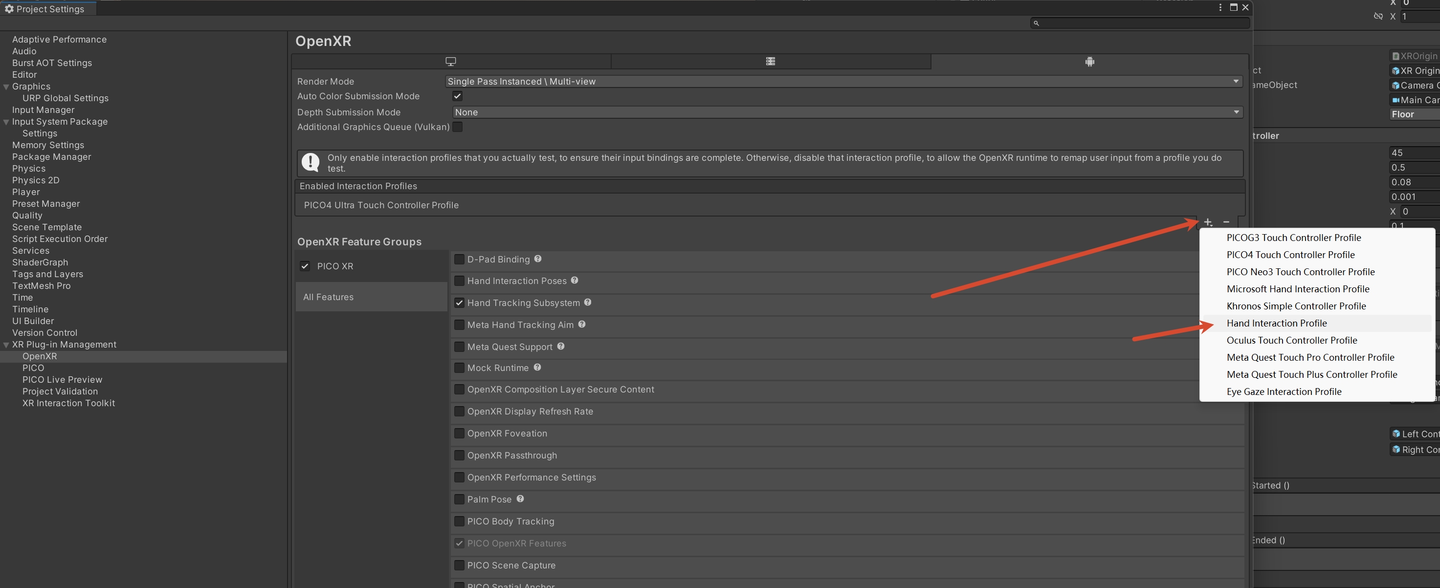 OpenXR 的 Enabled Interaction Profiles 列表中添加 Hand Interaction Profile