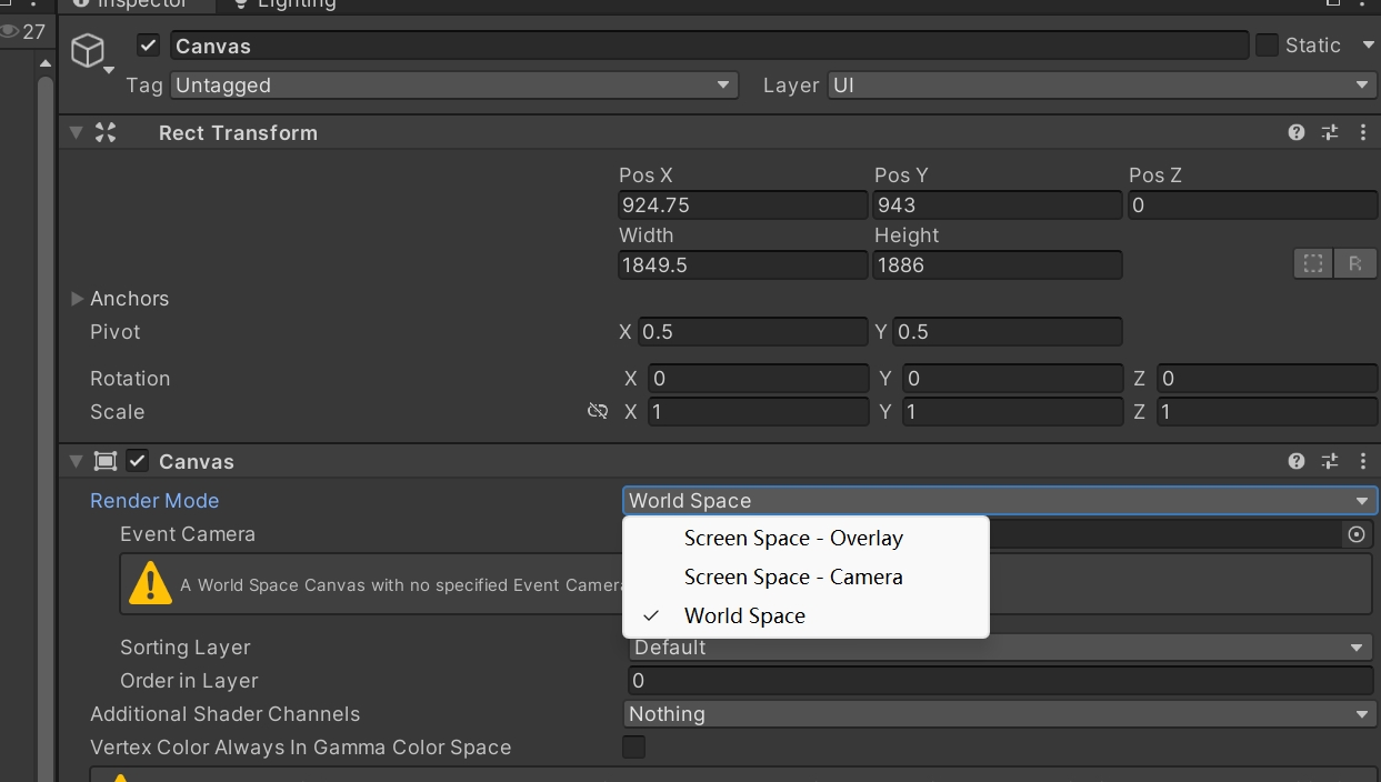 普通 Canvas 的 Render Mode 下拉列表选择 World Space