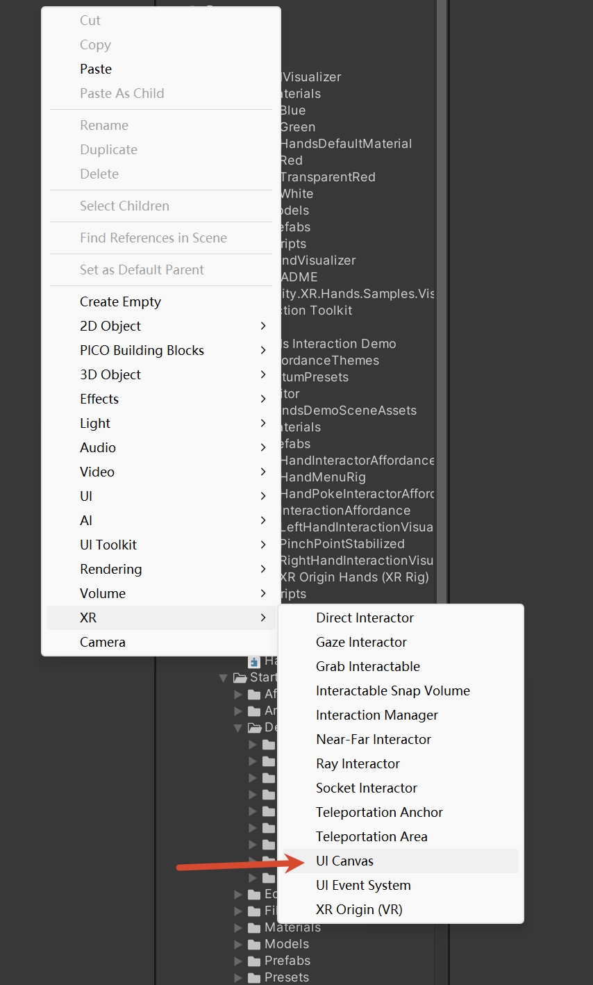 Unity Hierarchy 右键菜单中选择 XR 分类下的 UI Canvas