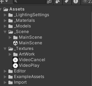 Unity Project 窗口的 Textures 文件夹中出现 VideoPlay 和 VideoCancel