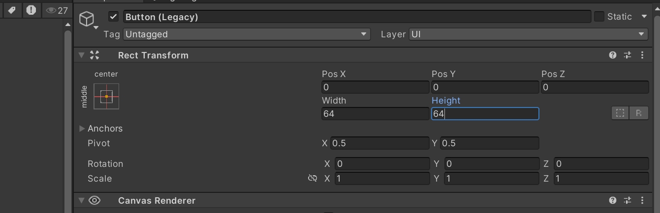 Button 的 Rect Transform 中 Width 和 Height 都设置为 64