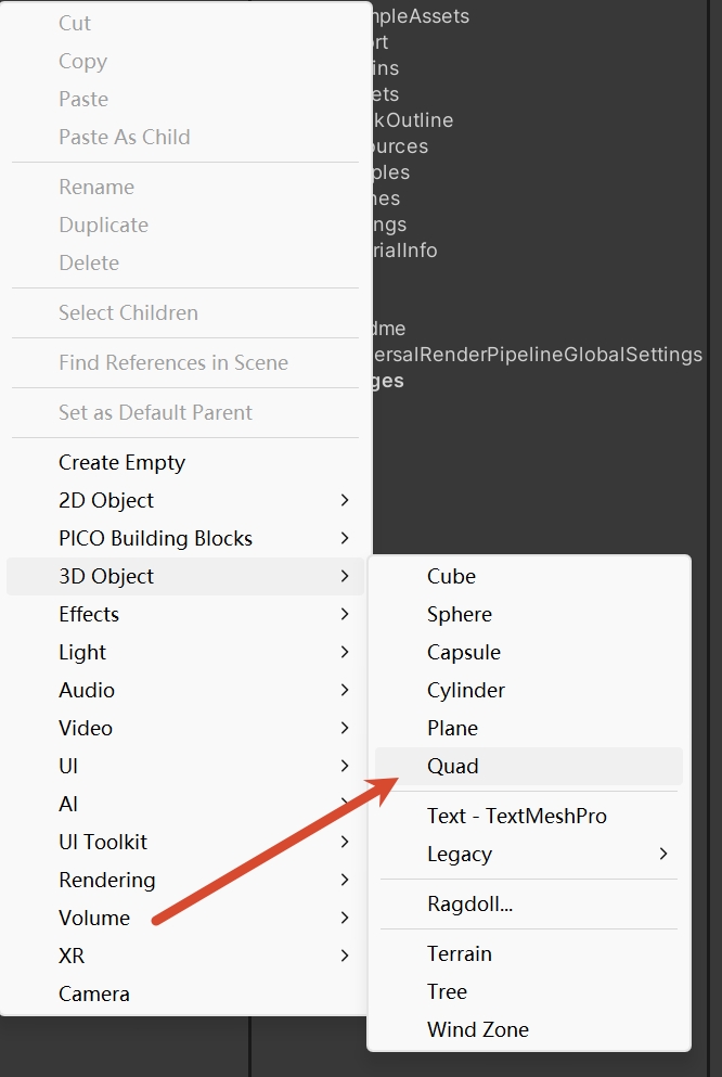 Unity Hierarchy 右键菜单中选择 3D Object 下的 Quad