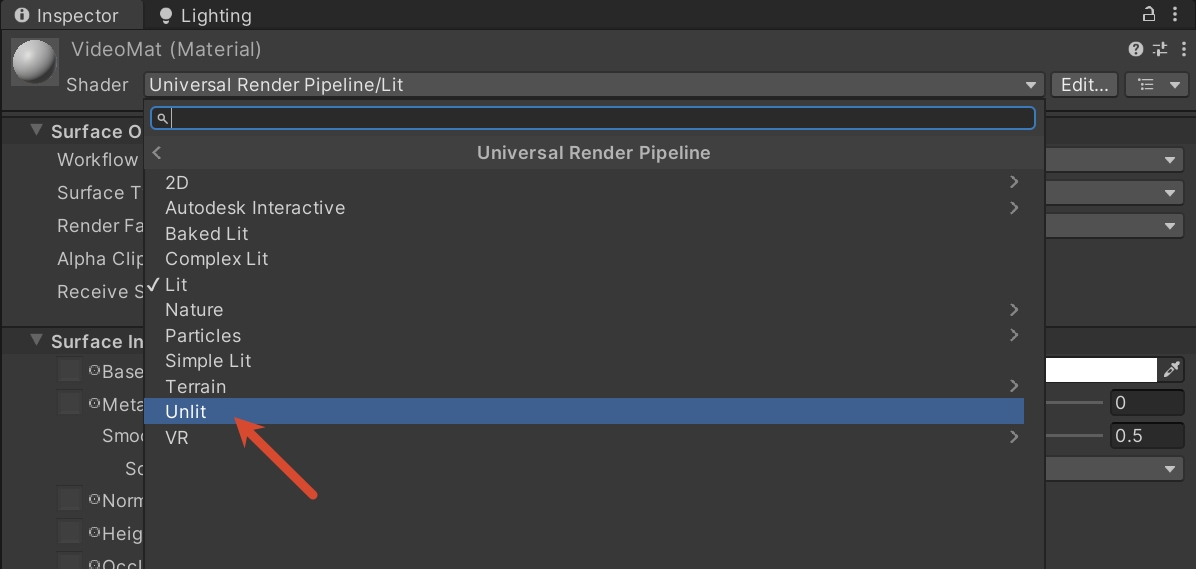 VideoMat 的 Shader 菜单选择 Universal Render Pipeline 下的 Unlit