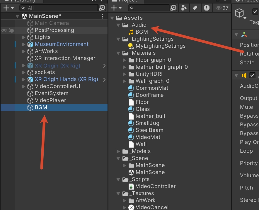 Unity 项目中的 BGM 资源、场景中的 BGM 对象和自动添加的 Audio Source