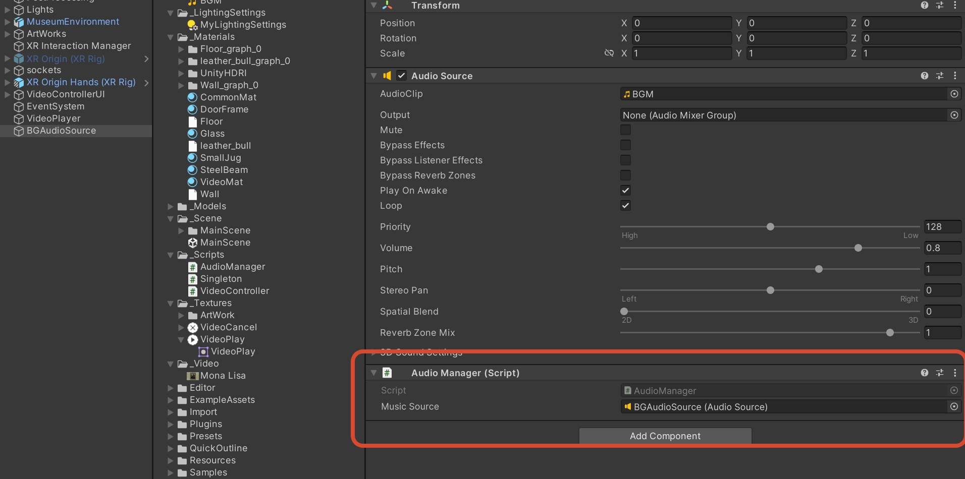BGAudioSource 根对象上的 Audio Source、Audio Manager 和 Music Source 引用