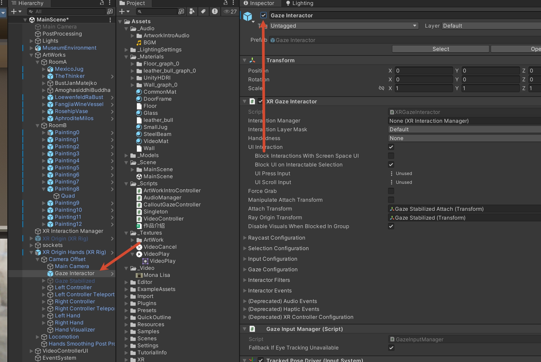 Unity 层级面板中选中 Camera Offset 下与 Main Camera 同级的 Gaze Interactor,并在属性面板顶部启用对象