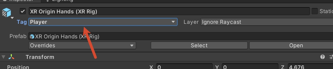 Unity 属性面板顶部把 XR Origin Hands 的 Tag 设置为 Player