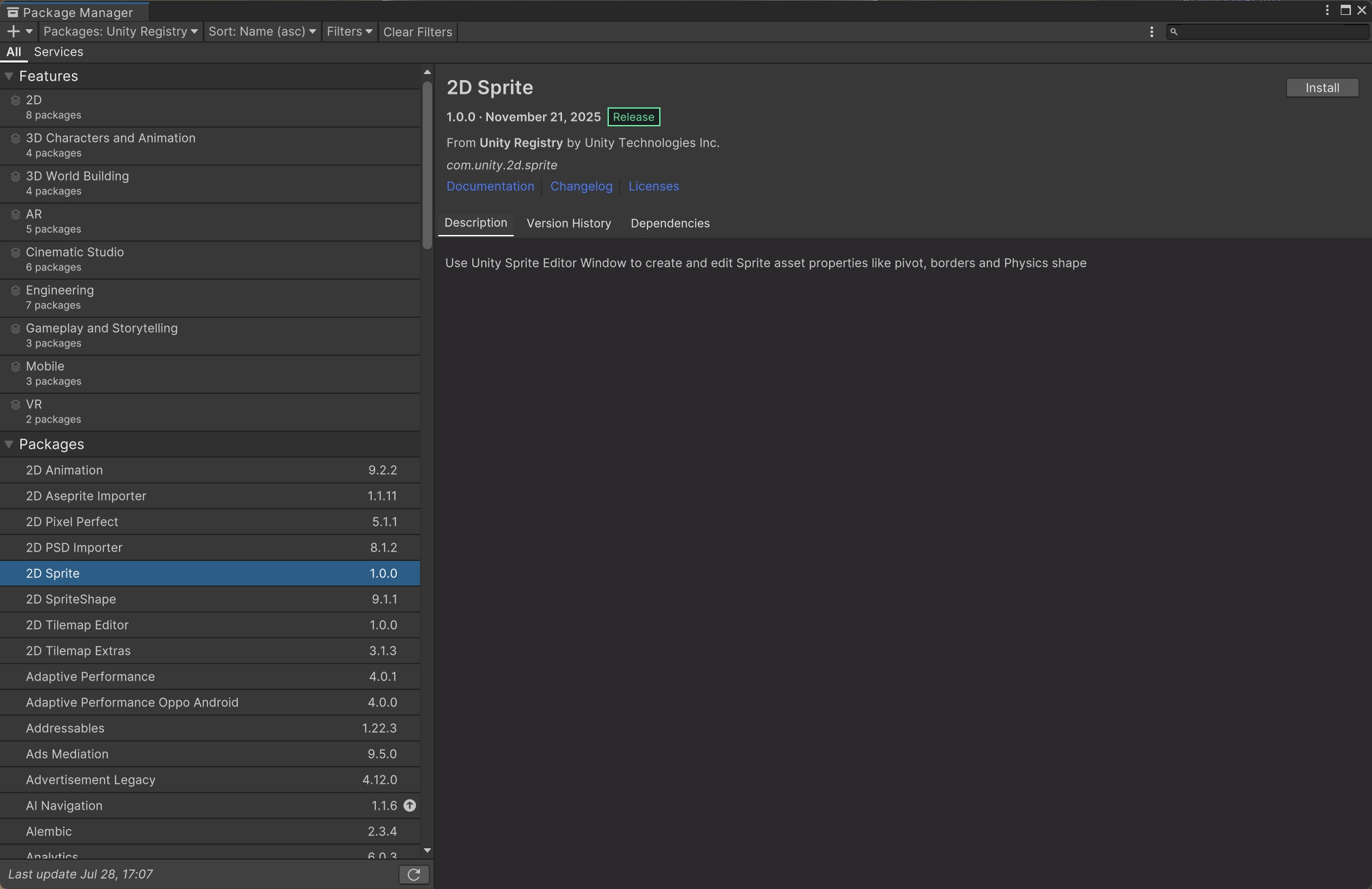 Unity Package Manager 中选择 Unity Registry 并安装 2D Sprite 软件包