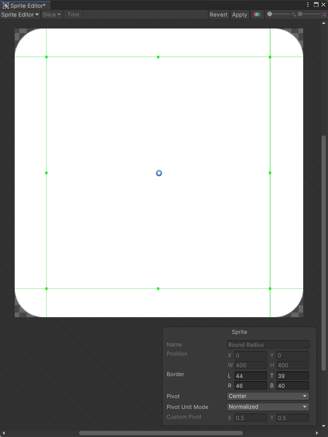 Sprite Editor 中四条绿色九宫格边界位于圆角和平直区域交界处