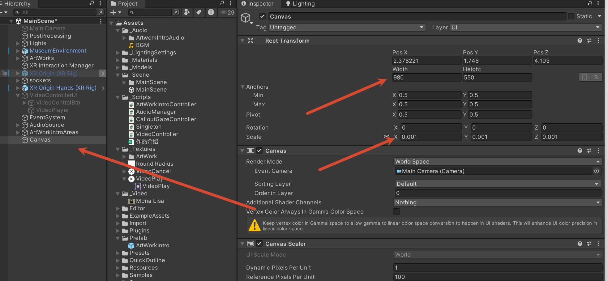 Unity 中 MenuUI 的 Rect Transform 为 980 乘 550、缩放为 0.001,Canvas 使用世界空间