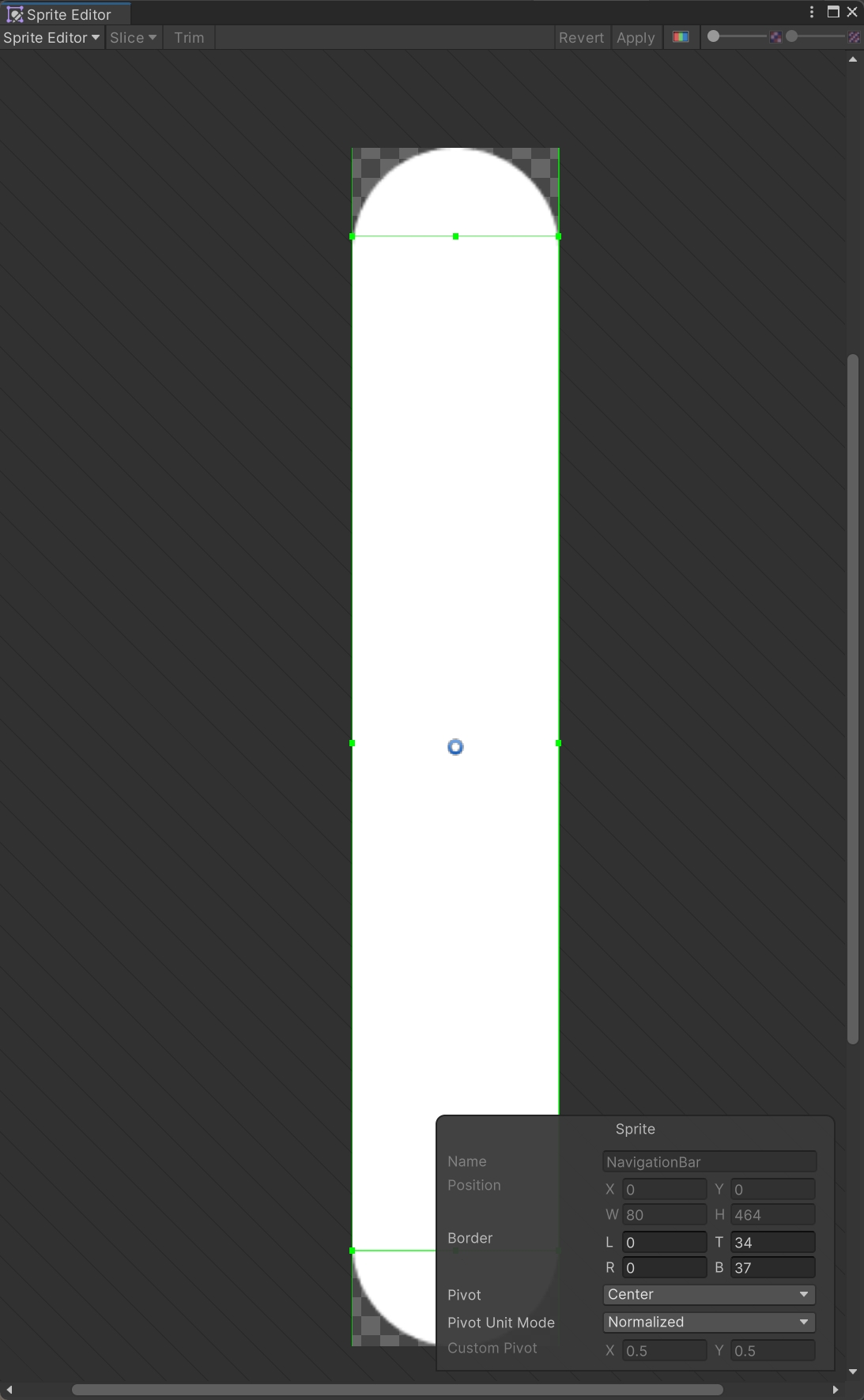 Sprite Editor 中 NavigationBar 的左边界和右边界为 0、上边界为 34、下边界为 37