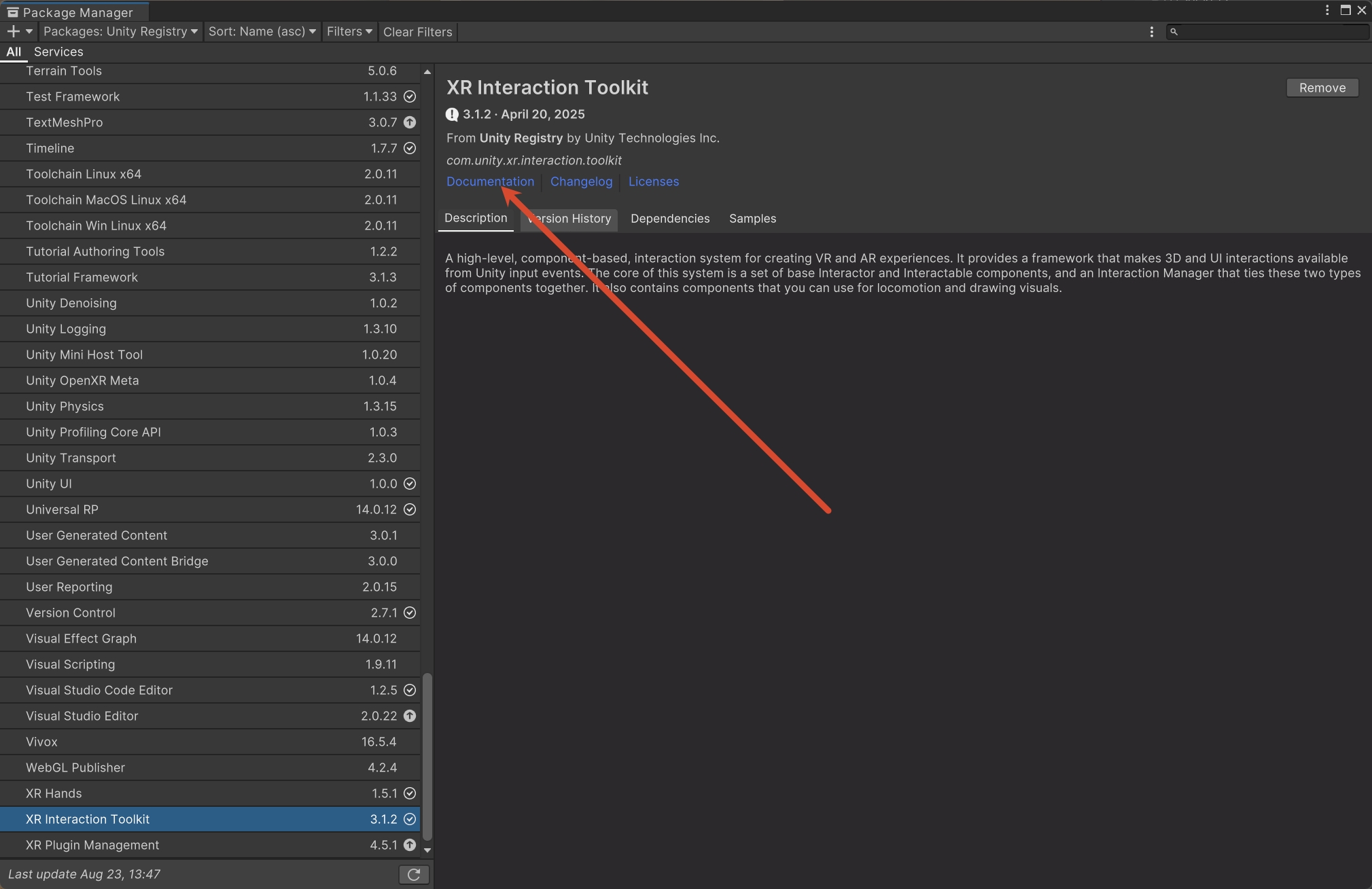 Unity 包管理器中 XR Interaction Toolkit 3.1.2 的详情区域