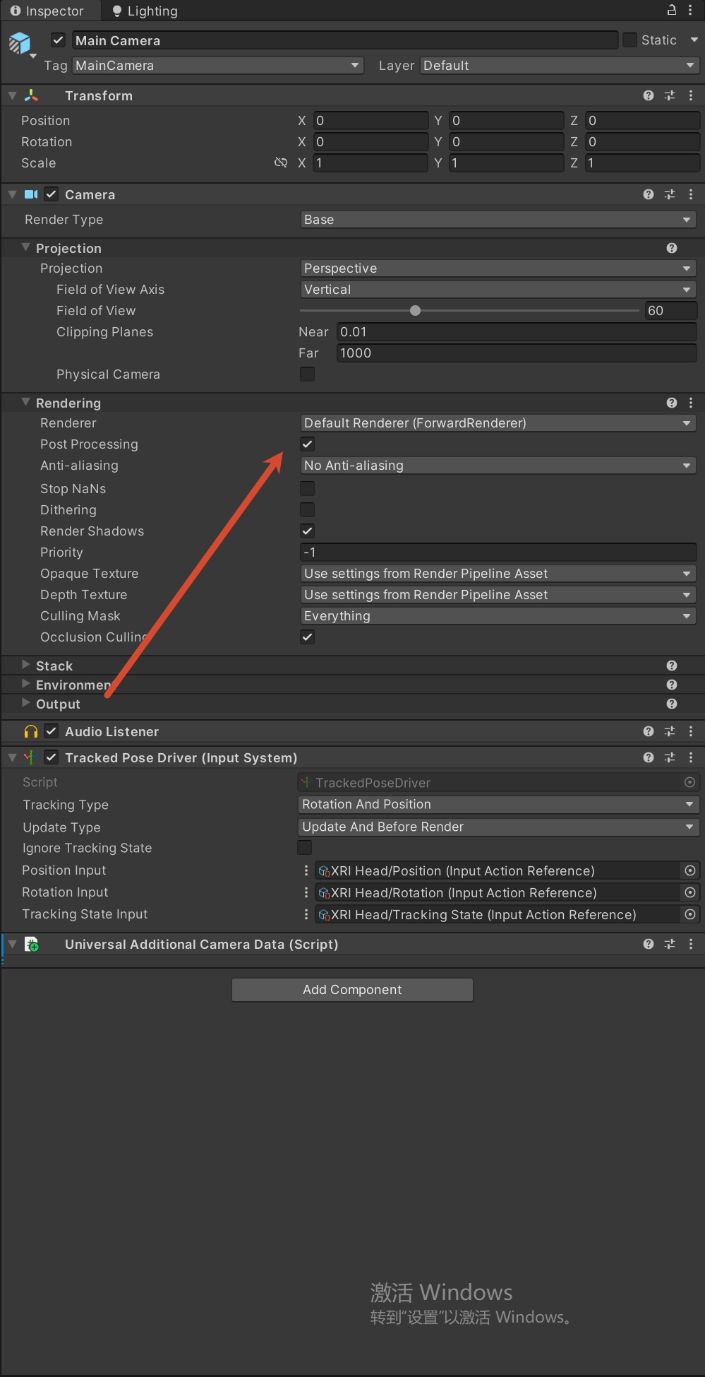 XR 相机中启用 Post Processing 并设置后处理抗锯齿