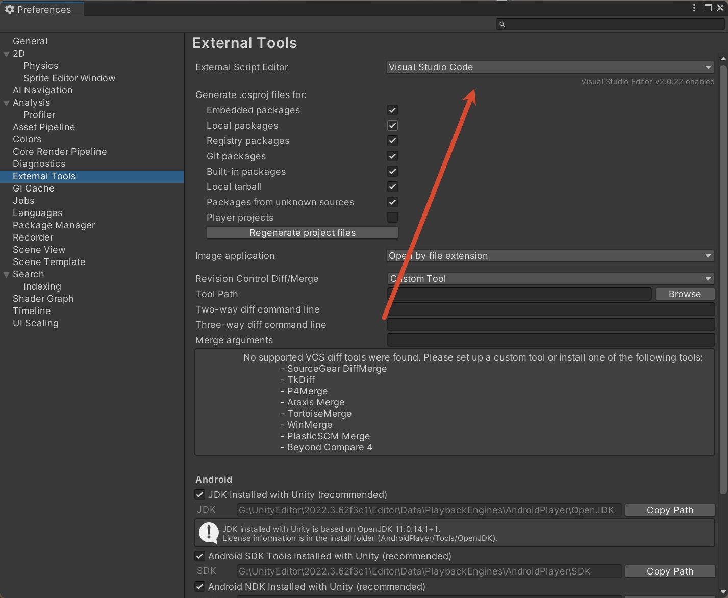 Unity External Tools 中选择代码编辑器并重新生成项目文件