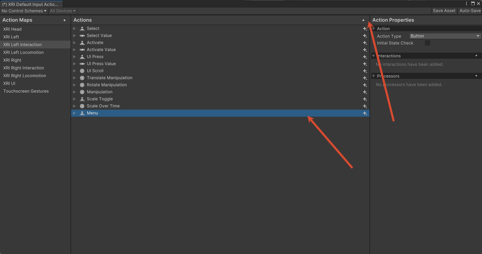 XRI Default Input Actions 中选择 XRI Left Interaction 的 Menu 按钮动作