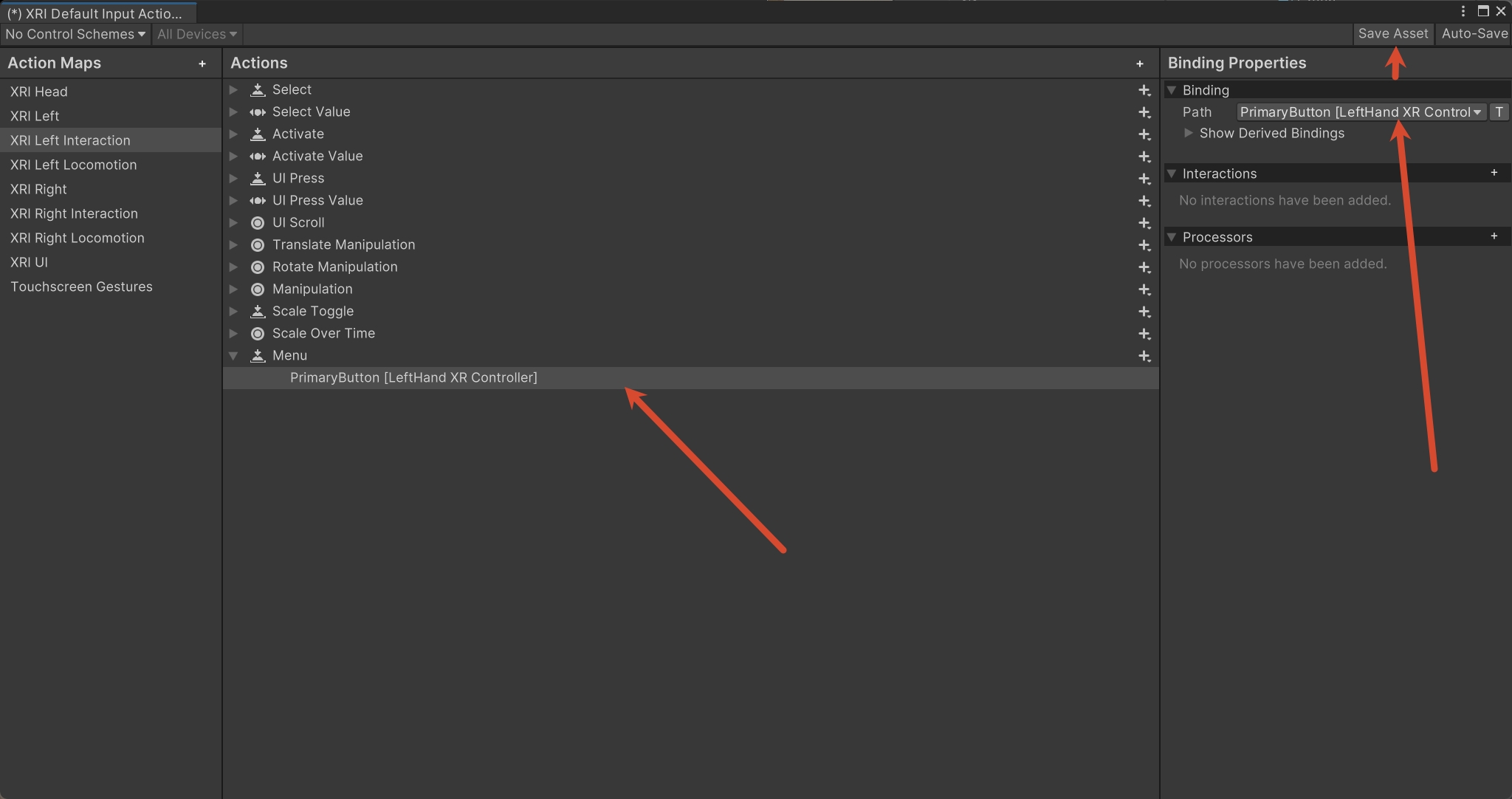 Menu 动作绑定到左手 XR 控制器 PrimaryButton 的 Unity 输入动作窗口