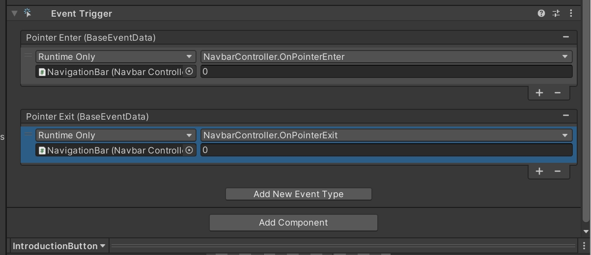 IntroductionButton 的 Pointer Enter 和 Pointer Exit 事件配置