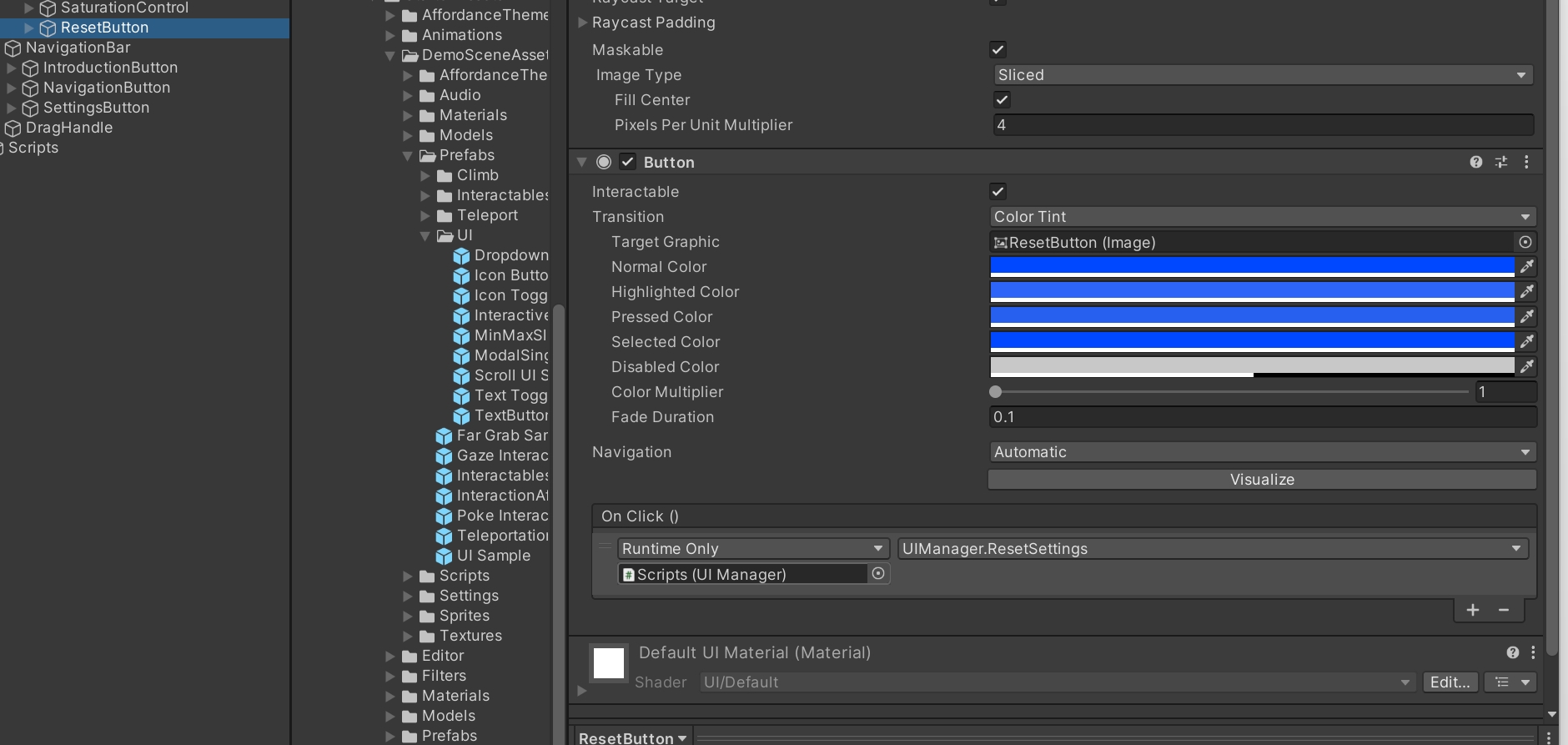Unity属性面板中ResetButton的On Click绑定到Scripts对象上UIManager ResetSettings方法