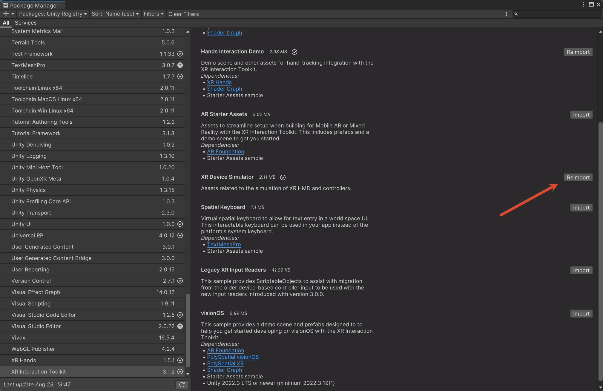 XRI 3.1.2 的 Samples 页面显示 XR Device Simulator 已经导入