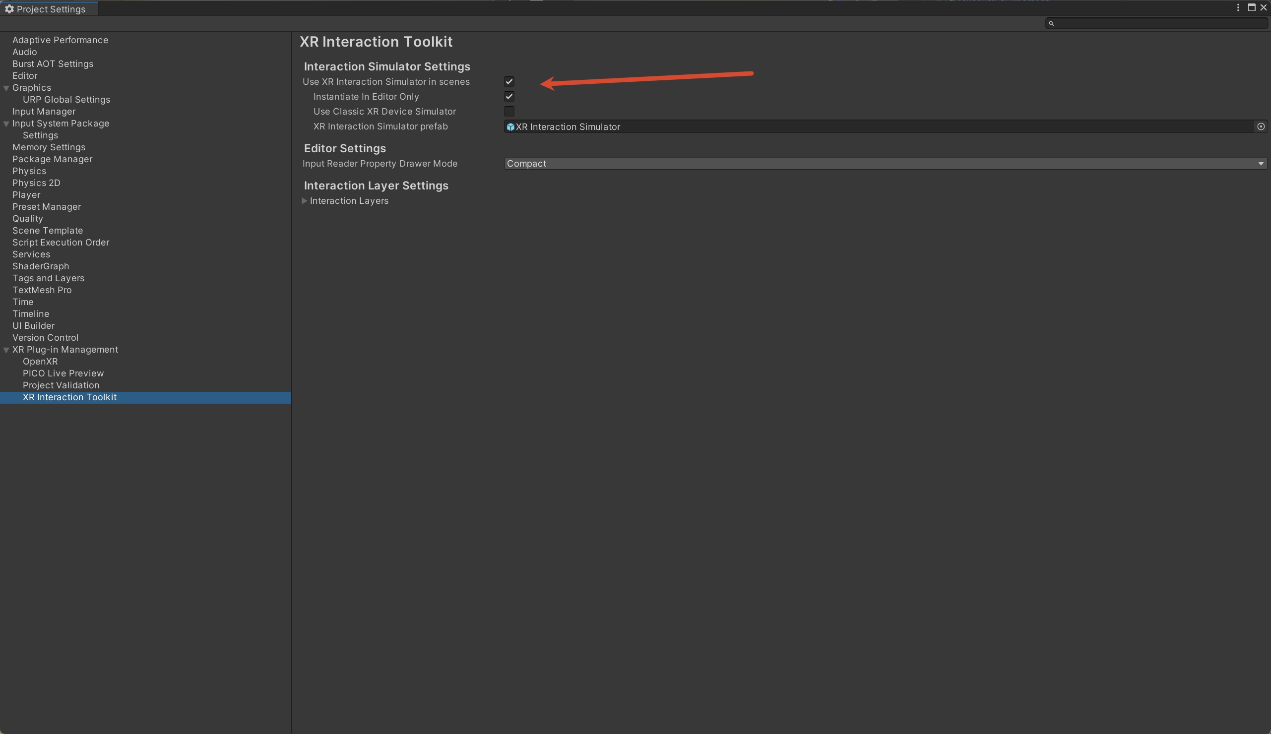 XR Interaction Toolkit 项目设置中启用新式模拟器并指定预制体