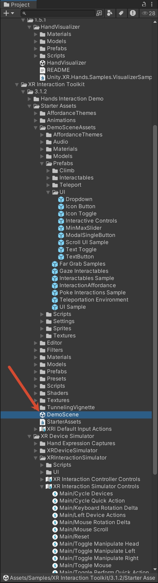 项目窗口中定位到 XRI 3.1.2 Starter Assets 的 DemoScene
