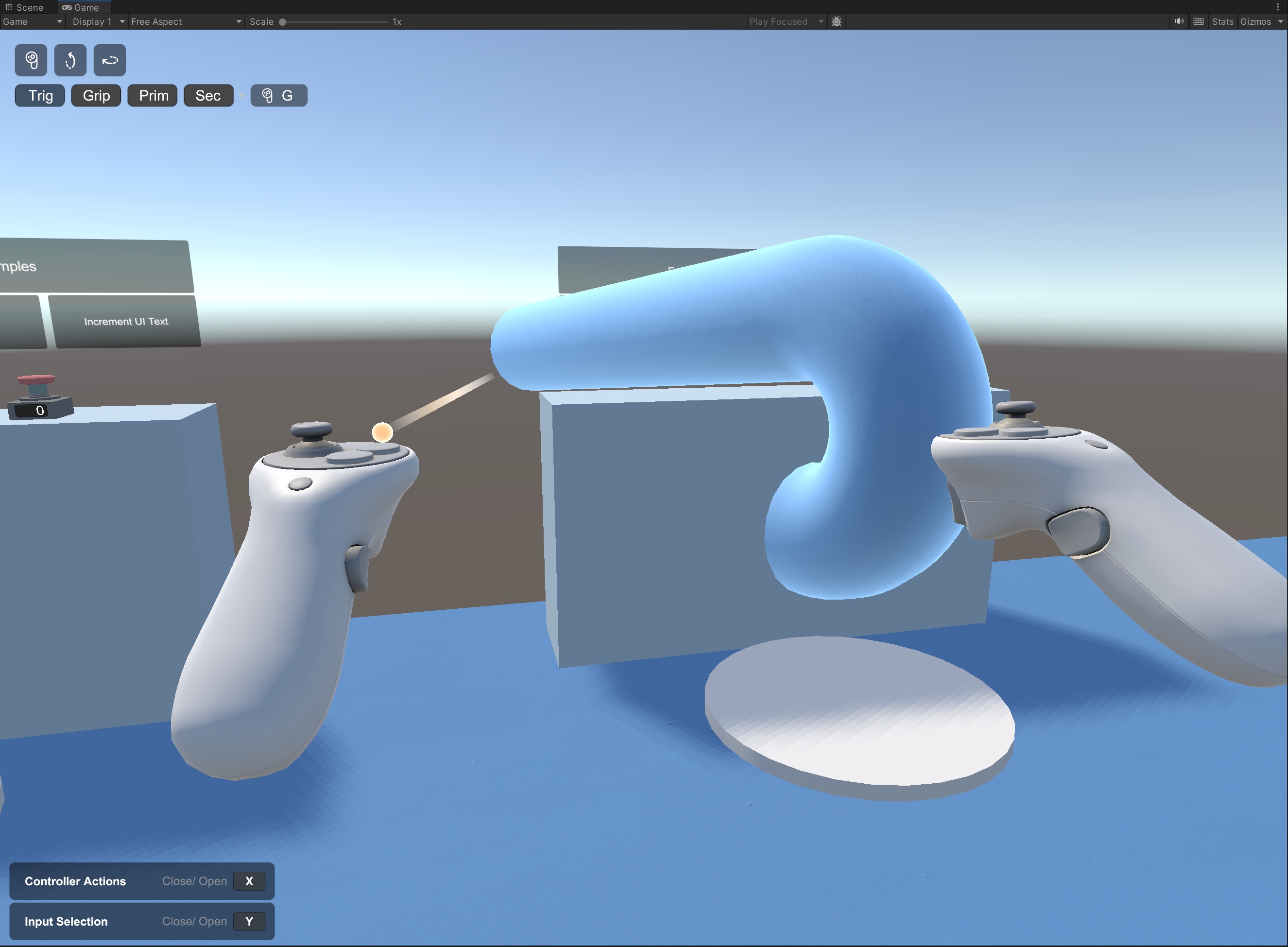 DemoScene 中两个模拟控制器通过射线和握持操作蓝色对象
