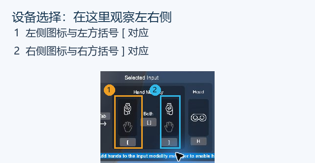 先在 Input Selection 找到左、右设备图标。图中为整体模式的位置说明；按 Tab 与方括号后，要再观察当前选中侧。