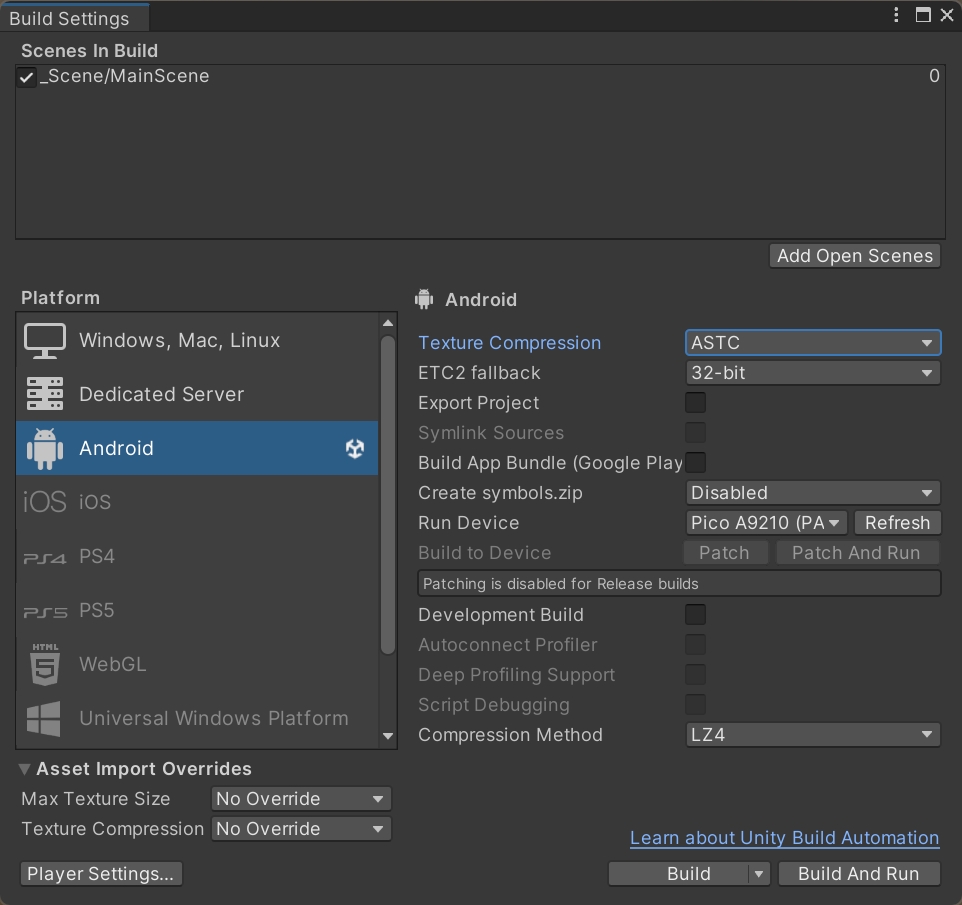 Unity Build Settings 中的场景列表、Android 平台、ASTC 贴图压缩和运行设备区域