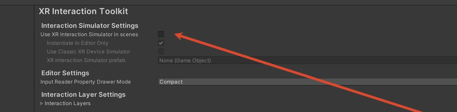 XR Interaction Toolkit 设置中关闭 XR 交互模拟器自动创建