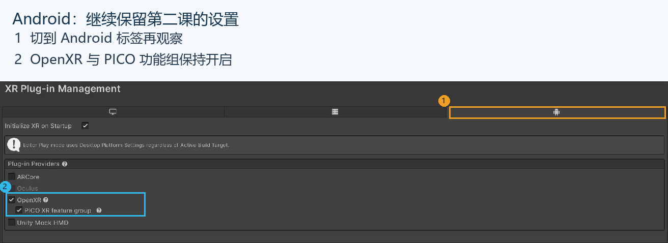 Android 标签中继续保留 OpenXR 与 PICO 功能；它和电脑的预览选项分别设置。