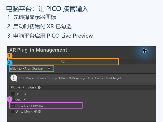 先选显示器图标，再确认启动 XR 与 PICO Live Preview 两处。