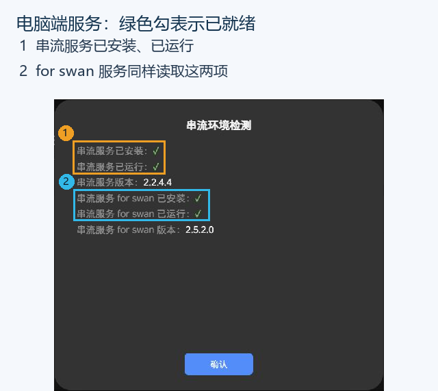 绿色勾表示对应服务已安装或已运行。先确认服务，再去设备管理看头显。