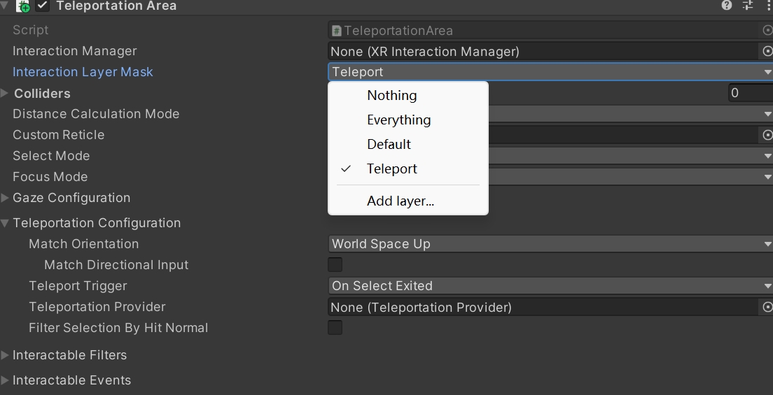 Teleportation Area 的 Interaction Layer Mask 设置为 Teleport