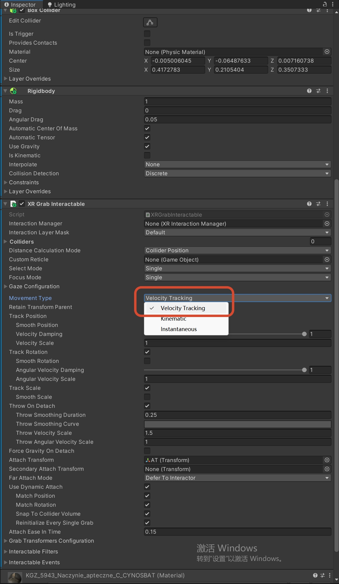 XR Grab Interactable 的移动方式已经选择速度跟踪
