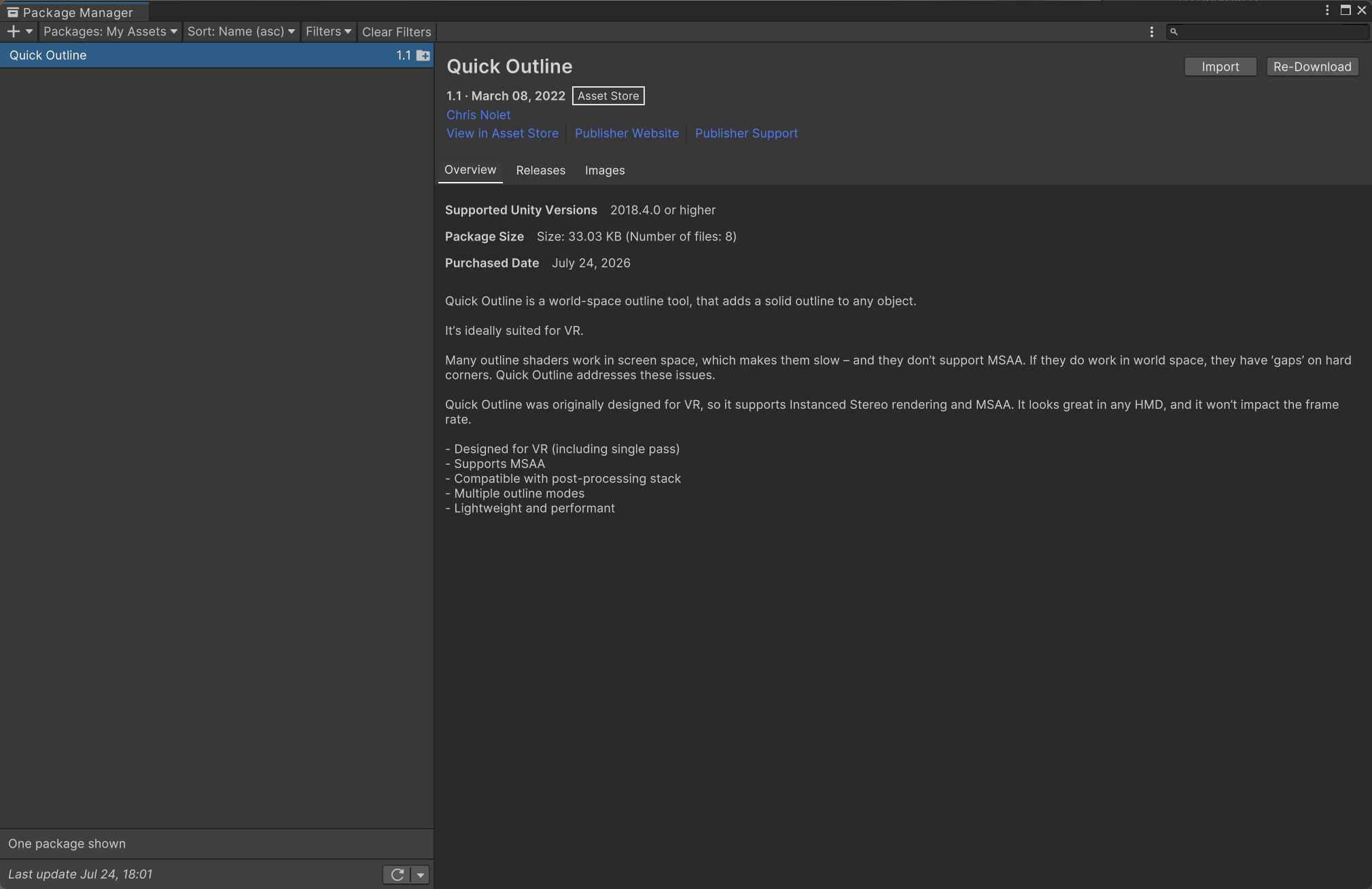 Unity 包管理器的我的资源中显示 Quick Outline 和导入按钮